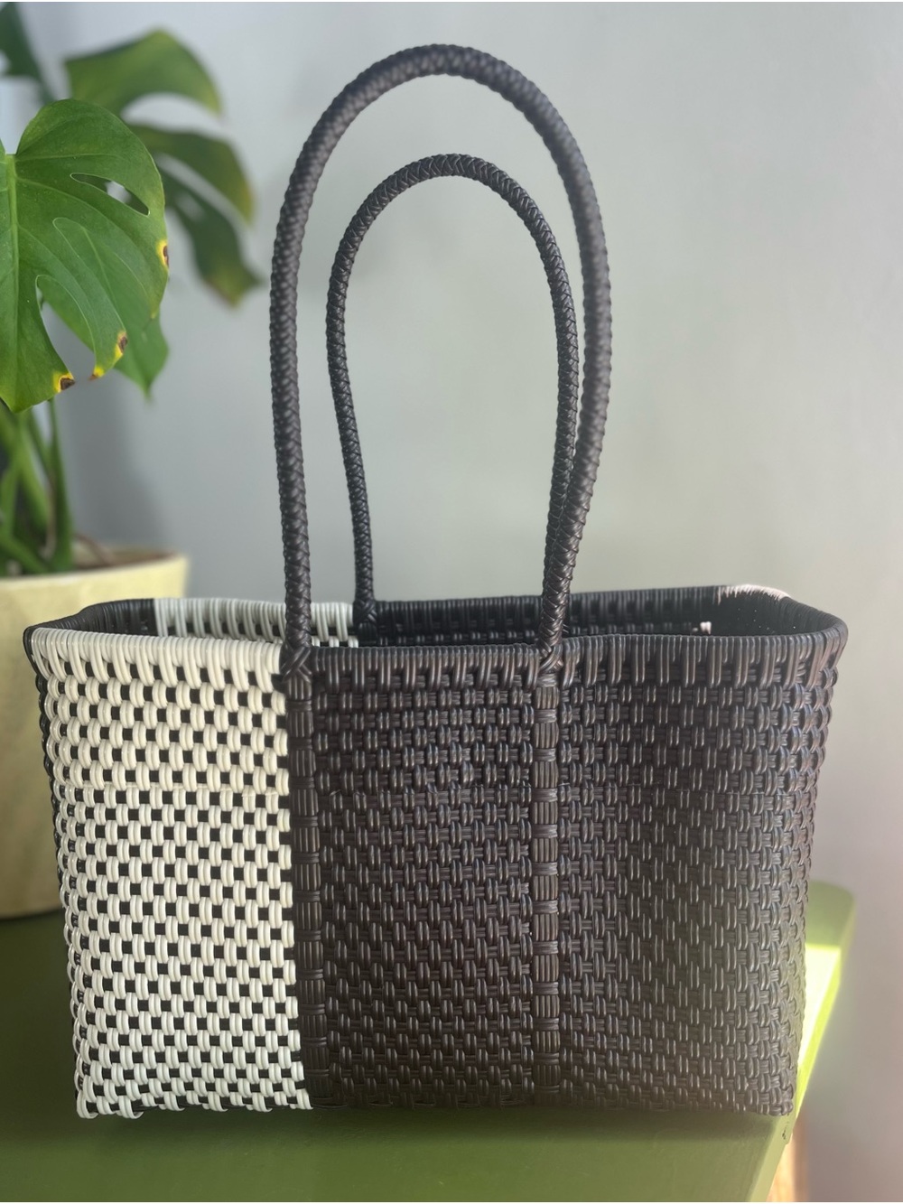Dark Brown and Cream Woven Tote Bag
